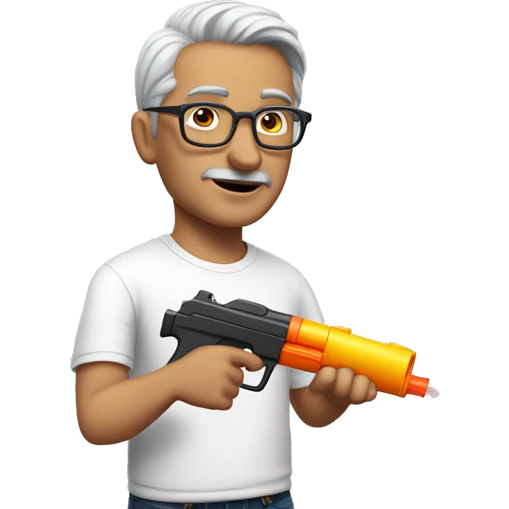 turkish man with glasses and grey hair and white t-shirt pointing a water gun from the side emoji