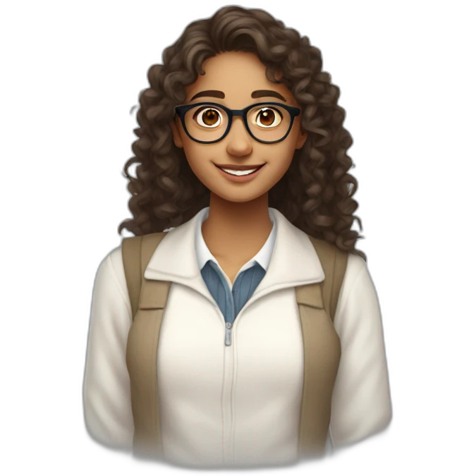 smiling indian teenage girl with curly hair and glasses wearing a collared long sleeve white shirt under a white sweatervest emoji