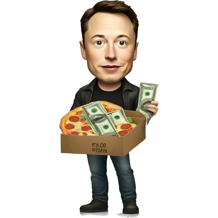 Elon musk with money bag and a pizza in hand emoji
