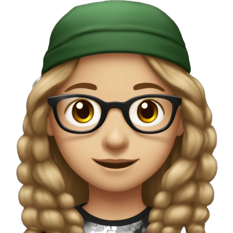 Slavic girl, light skin, smiling with teeth, round brown eyes, spotted frame glasses, long brown straight highlighted hair, black T-shirt, dark green cap, black badge ribbon emoji