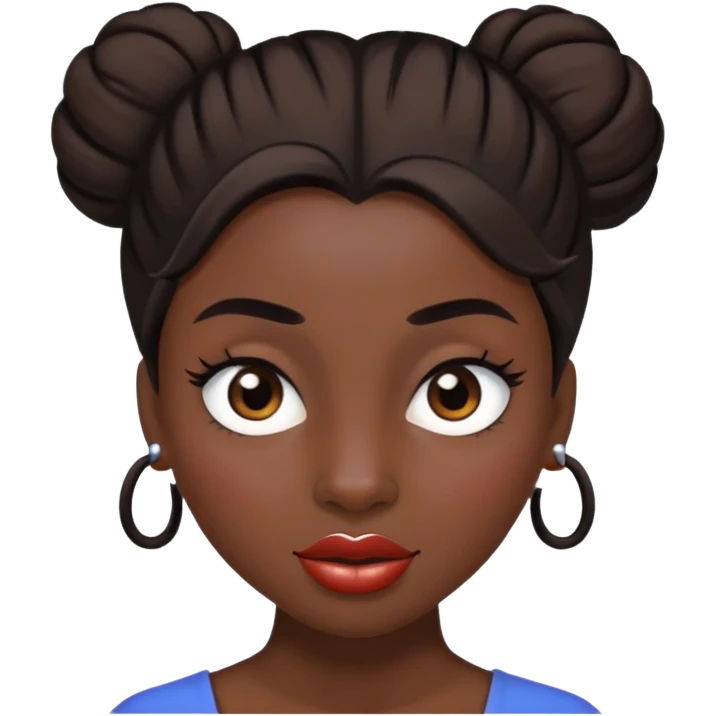 Une femme à la peau noire avec un chignon haut et les cheveux sont bruns avec un œil marron et un œil marron très très claire et une grosse bouche et des gros sourcils emoji