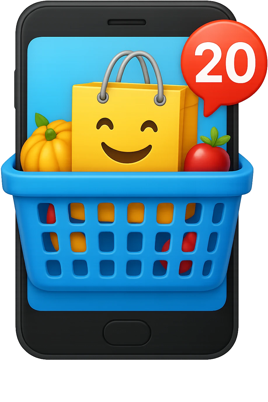 Create a high fidelity emoji style variant with smooth edges featuring a smartphone instead of a monitor, keeping the shopping basket and emoji shopping bag as in the reference image. emoji