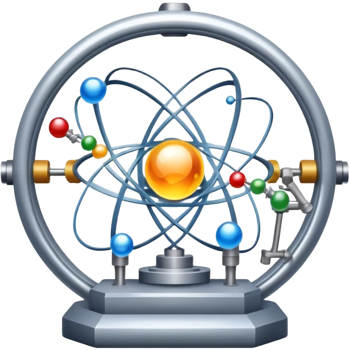 An icon featuring a large particle collider, atom symbols, and energy waves, symbolizing the field of physics. The design includes a lab setup with scientific equipment, representing experiments and fundamental forces of nature. Transparent background highlights the exploration of matter and energy. emoji
