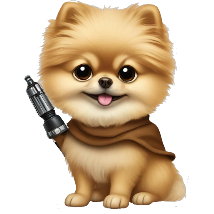 Pomeranian dressed as Luke Skywalker holding a lightsaber emoji