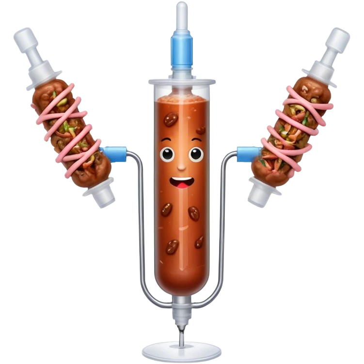 A syringe with arms and legs and a face filled with bulgogi beef emoji