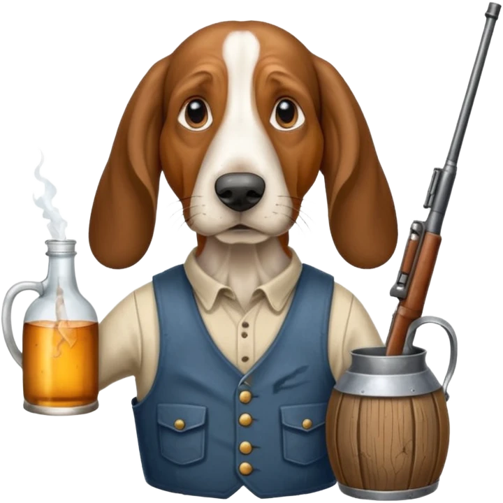 hillbilly basset hound head body of  man with moonshine and gun emoji emoji