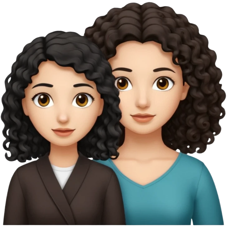 Arab woman with curly black hair and white girl with wavy light brown shoulder-length hair and slightly sloping brown eyes emoji