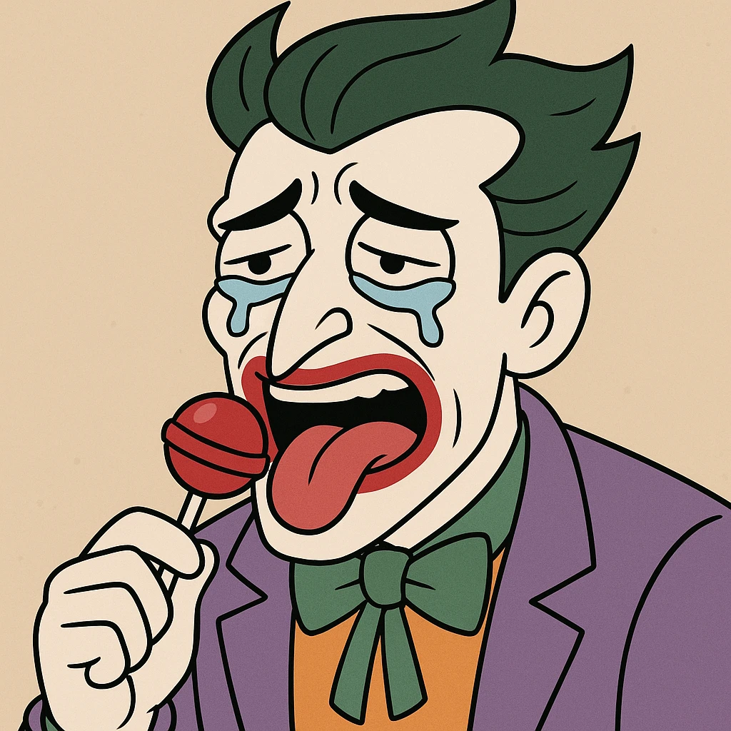 joker with tears streaming down his face, eating a lollipop, cartoon style emoji
