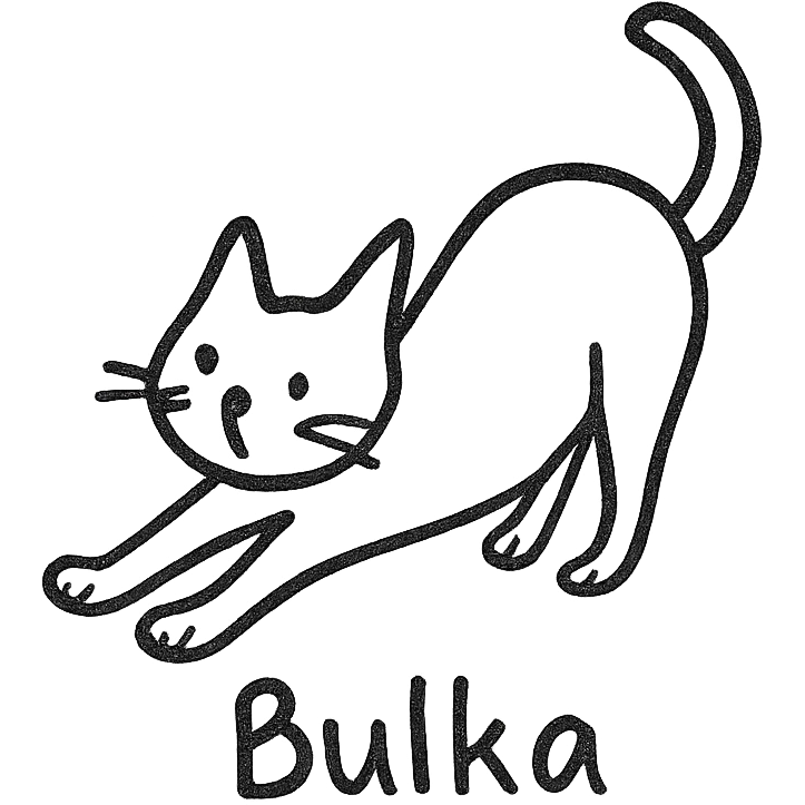 hand-drawn black outline icon of a cat named Bulka, stretching with perked ears emoji