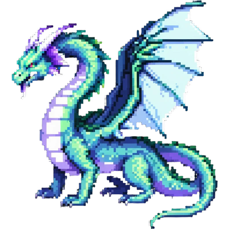fantasy wyrm, serpentine body, big wings, long tail, shimmering green, blue, and purple colors emoji