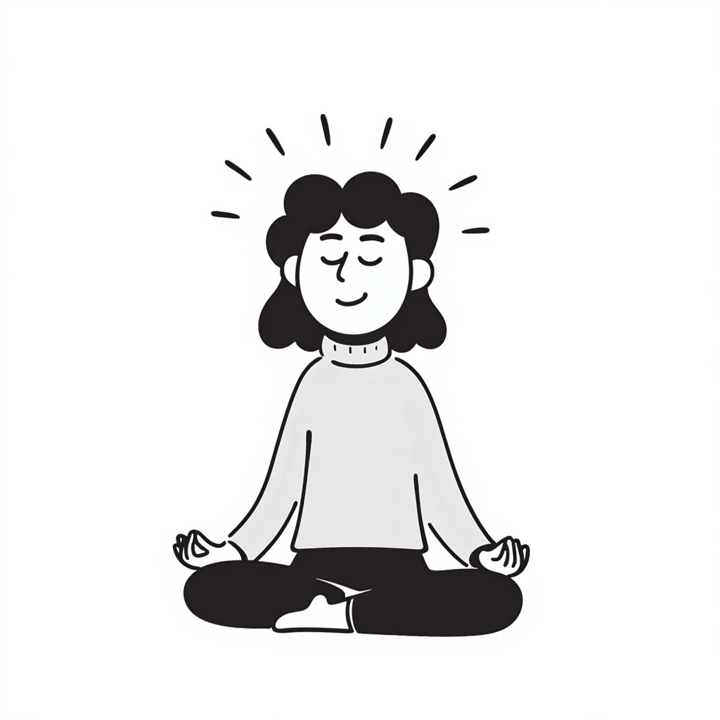 A person in a peaceful meditation pose with small waves of calmness radiating outward, representing mindfulness and stress relief. Simple hand-drawn doodle style. emoji