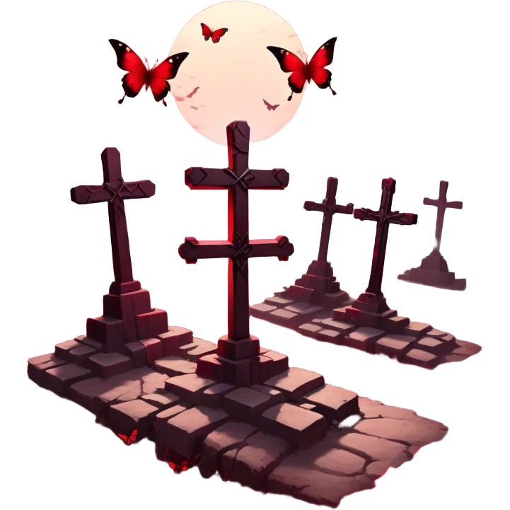 A mystical landscape where crimson butterflies rest upon ancient, weathered crosses, their delicate wings glowing against the dark surroundings. The air is filled with a deep red haze, intensifying the ethereal, almost sacred atmosphere. emoji