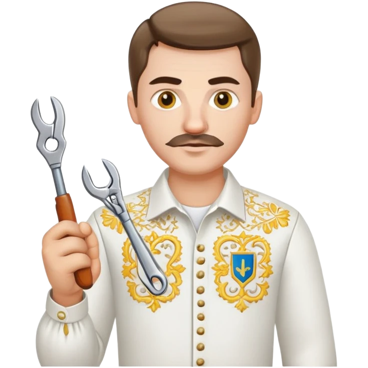 Ukrainian man in white embroidered traditional shirt holding a wrench in one hand and scissors in other hand emoji