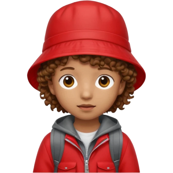 Little student brown curly hair, wears red bucket hat and jacket, backpack, shy emoji