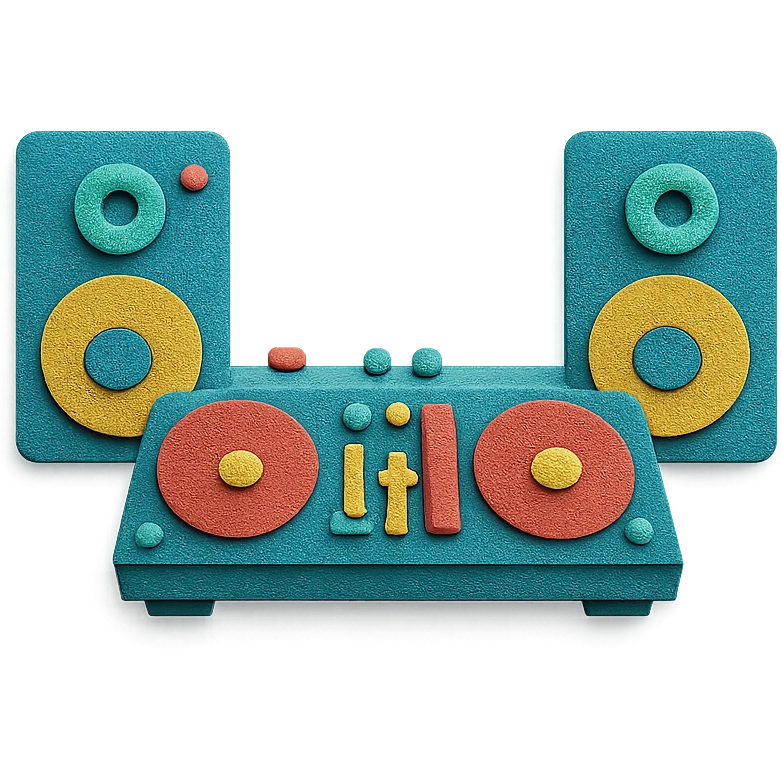 DJ setup with turntables, mixer, and speakers, colorful layered paper look emoji