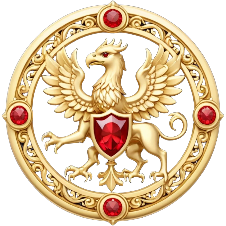 Golden griffin crest / brosch in a circle with two red gems and no background emoji