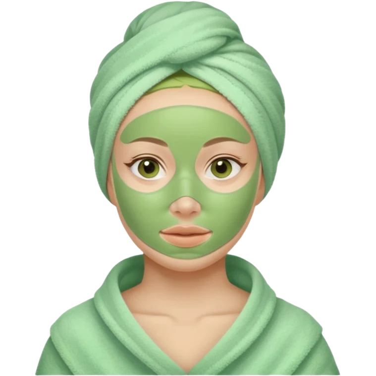 woman with green facial mask, towel on head, serene expression emoji