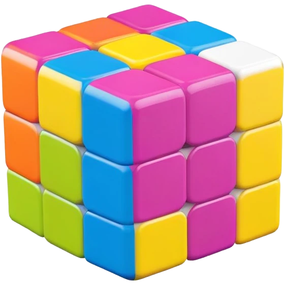 A 3x3 Rubik's Cube with candy-colored bright scheme: bubblegum pink, lemon yellow, bright blue raspberry, lime green, grape purple, tangerine orange, minimalist iOS emoji style emoji