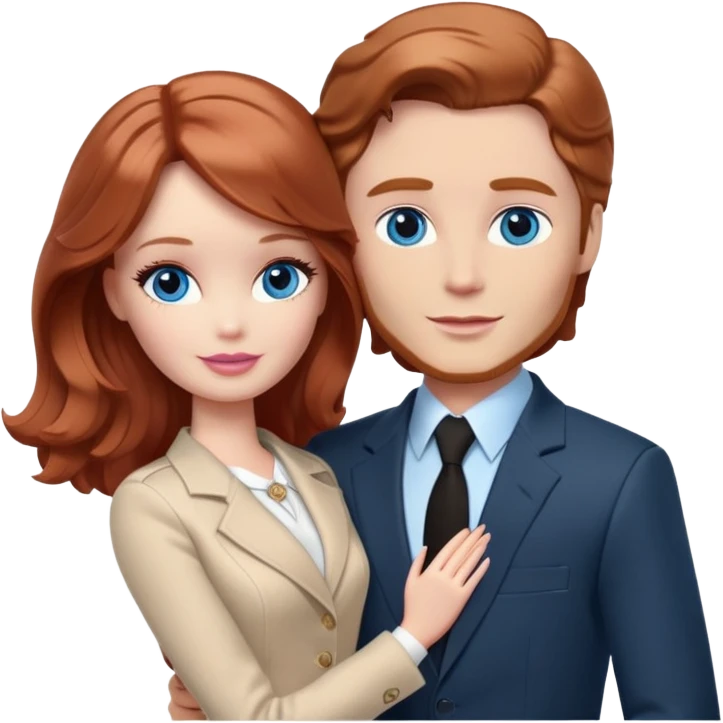 Barbie girl  , eyes blue , Chestnut red long wavy hair In pale beige clothes, Hugs a man with pale brown hair short haircut, brown eyes , and a black suit emoji