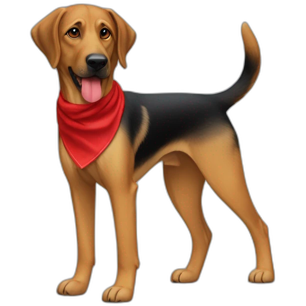 65% Coonhound 35% German Shepherd mix dog wearing small plain red bandana walking left emoji