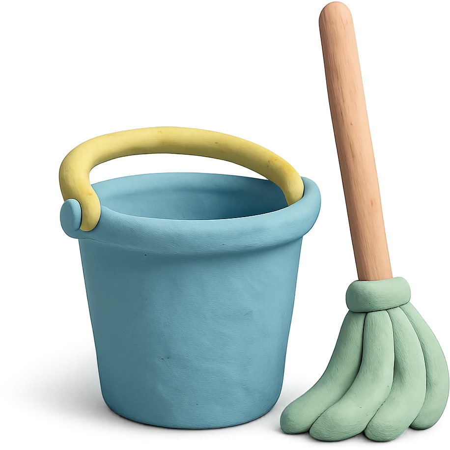 bucket and mop in claymation style, pastel colors, visible fingerprints, soft matte finish emoji