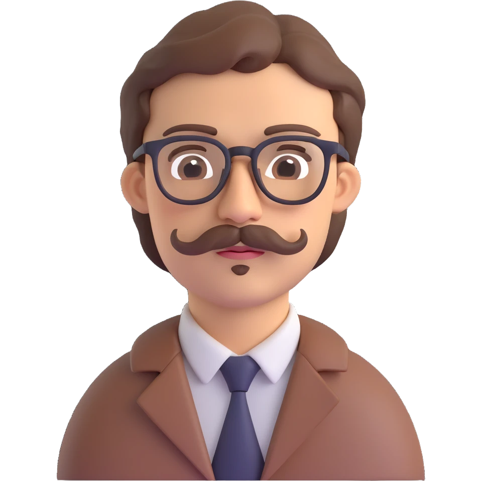 man with light skin, brown hair, mustache, and glasses, neutral expression emoji