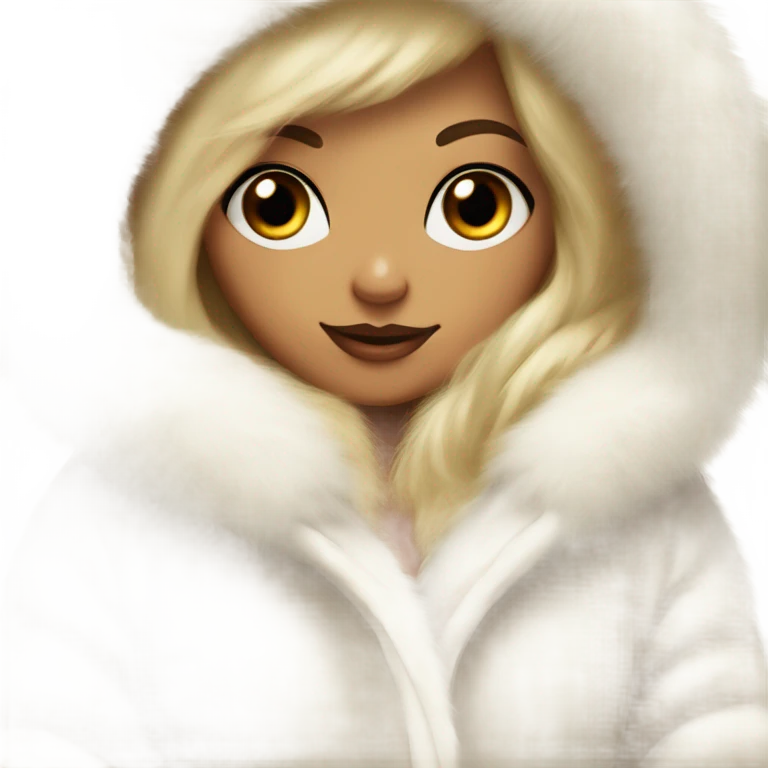 Tanned Girl with lashes , blonde hair, in an extremely big fluffy oversized white fur coat with hood on. The fur is real and it’s very obvious big and fluffy like in Pinterest  emoji
