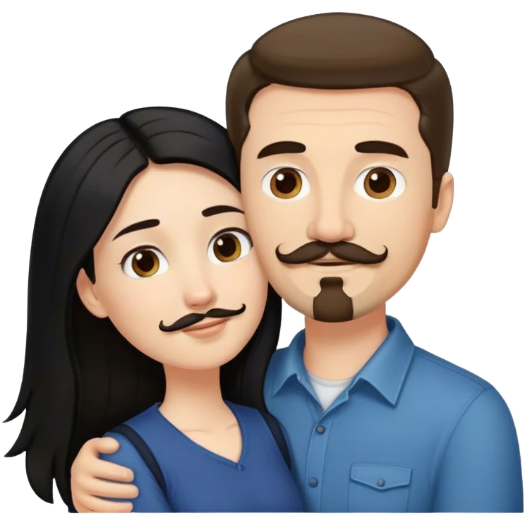 a short white girl with long black hair hugging a tall white guy with brown hair goatee mustache emoji