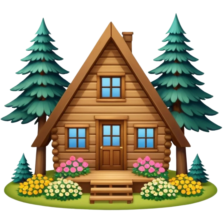 triangle small cabin in the woods, surrounded by pines, with flowers around emoji