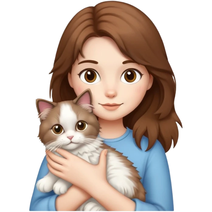 brown-haired girl holding a fluffy ragdoll cat emoji