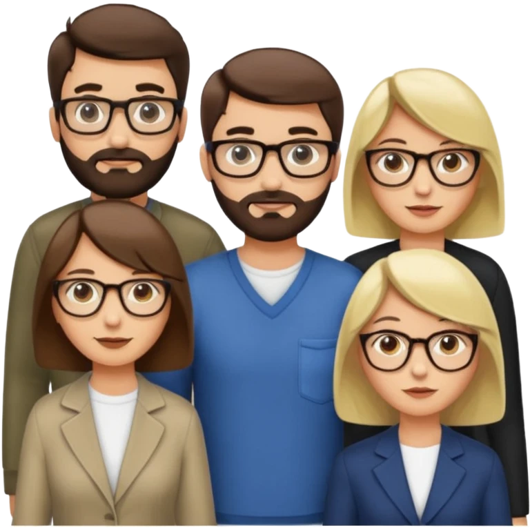 Four people including a man with hair and glasses, a man with a beard and no glasses, a woman with long brown hair and no glasses and a woman with a blonde bob and no glasses emoji