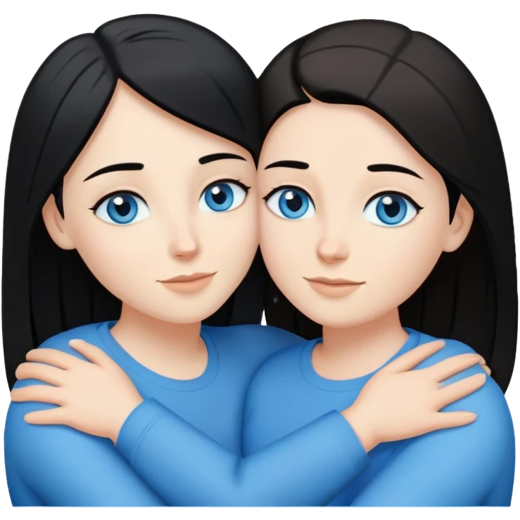 Lesbian couple in a loving embrace. One white with black straight hair and blue eyes. One white with brown straight hair and blue eyes.  emoji