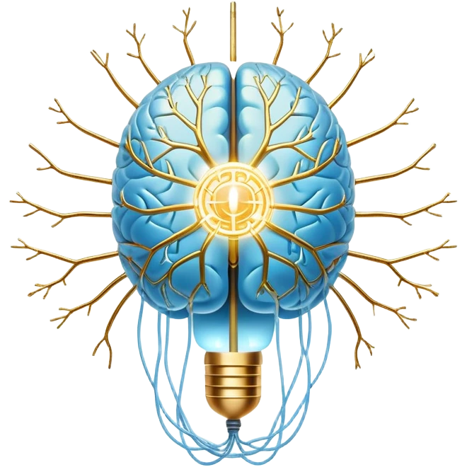Pearlescent and light blue floating capsule suspended in front of an ethereal brain illuminated by golden electrical pulses branching into a neural network pattern, awakening lucidity. A soft light also surrounds a small liver symbol, all rotating in an aura of focus and internal connection emoji