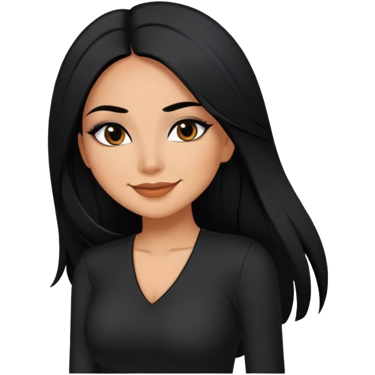 beautiful woman, with long straight black hair, with make up, black eye liner, smile, mexican, brown skin, wearing beautiful sexy black outfit, she has a shy attitude  emoji