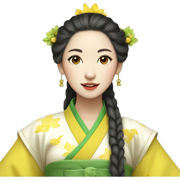 Beautiful woman, yellow skin, Hanfu headdress, wearing green clothes, holding a banana fan emoji
