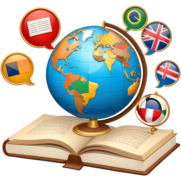 An icon featuring a globe with speech bubbles in different languages, symbolizing the study of foreign languages. The design includes a book and a pencil, representing learning and communication across cultures. Transparent background highlights the global nature of language education. emoji