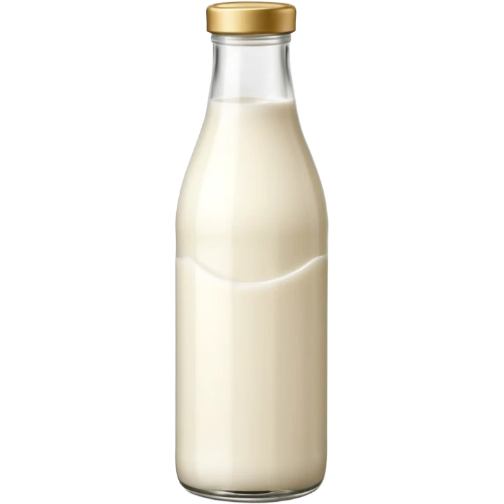 tall clear or opaque glass bottle filled with creamy white liquid, sealed with simple cap, soft natural shape, faint label hinting goat origin, no text or branding, milk richer tone than cow's milk, soft lighting, subtle shadows, emoji scale emoji