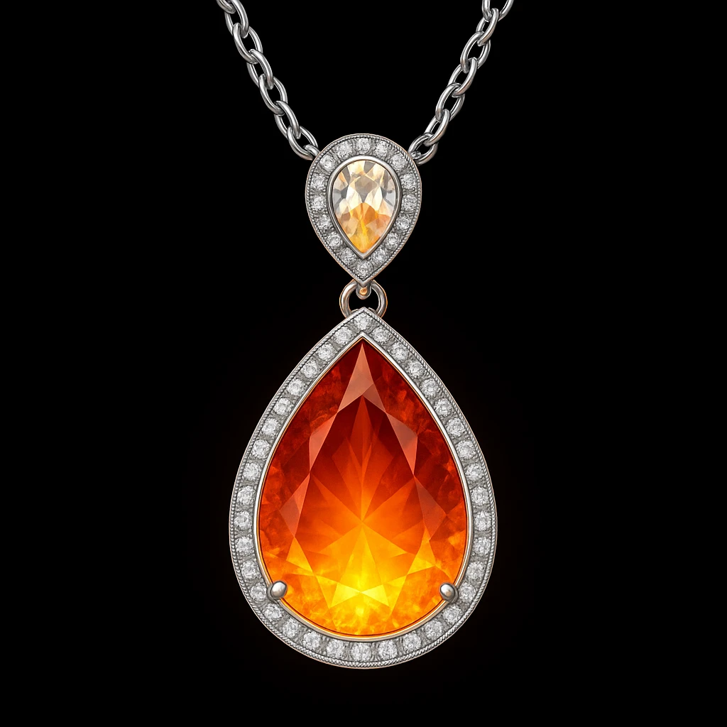 Add a yellow fiery light to the teardrop ruby pendant, representing transformation and rebirth emoji
