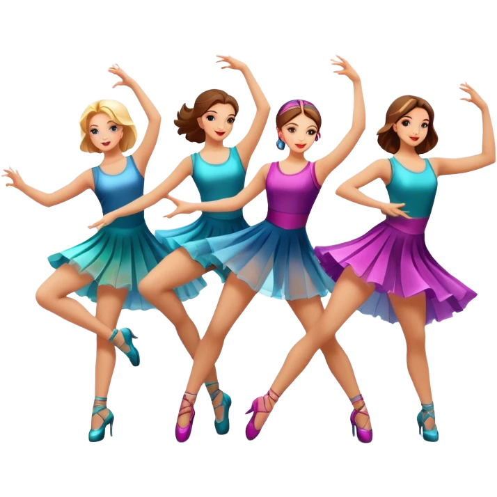Icon for Contemporary Dance: a synchronized group dance performance with dancers in modern outfits, performing on stage with bright spotlighting and energetic movement. The icon should capture the dynamic and vibrant nature of contemporary dance. Transparent background. emoji
