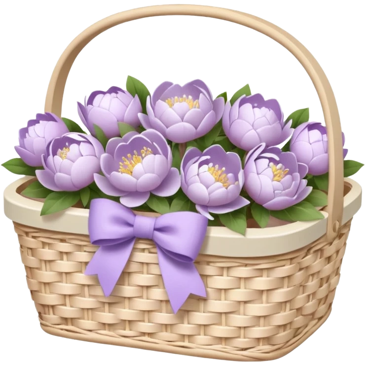 White Picnic basket with lilac bow and white peonies inside emoji