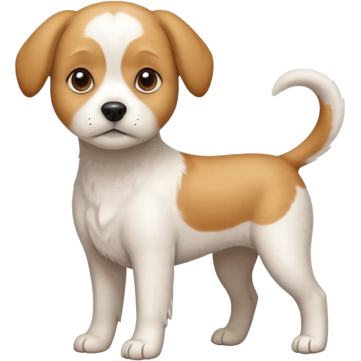 a full body white beagle x maltese x chi dog the size of a kelpie with light brown ears and a light brown patch on one eye emoji
