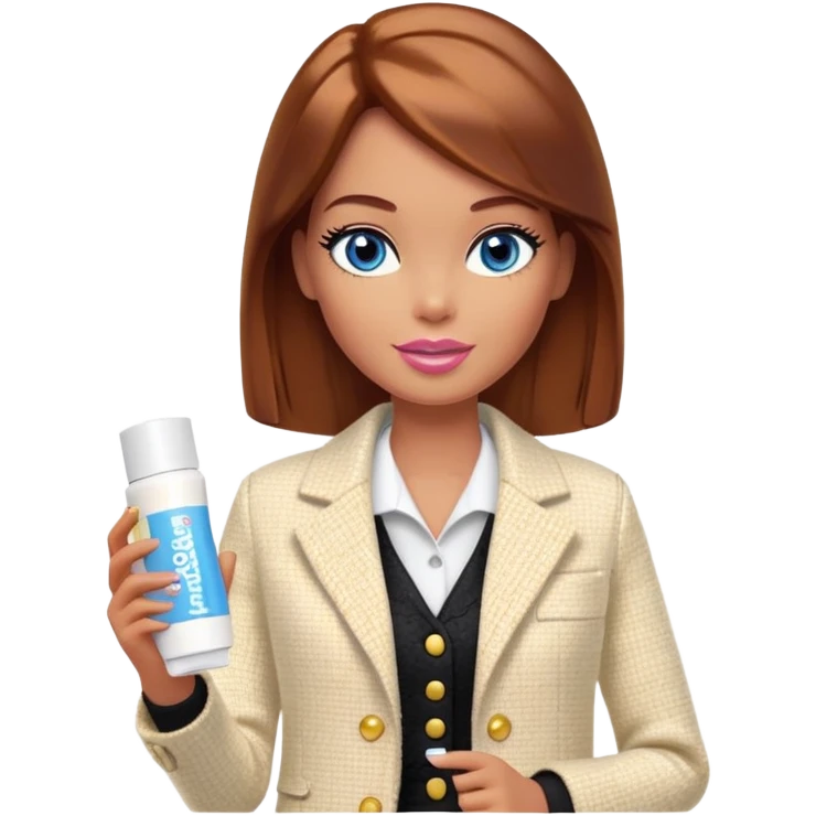 A Barbie girl with blue eyes, shoulder-length reddish-brown hair, made-up, in a white tweed jacket and black skirt, holding a tube of pale yellow face cream emoji