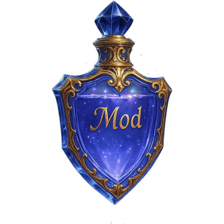 Very luxurious, exceptional crystal shield-shaped elixir bottle, color #7986cb, with inscription 'Mod', enhanced glow, edges, ornaments, golden details, subtle magical effects, unique shape accents, transparent background, beautiful seamless bottom, bottle clearly floating in air without base or shadow, premium class, modern, fits collection. emoji