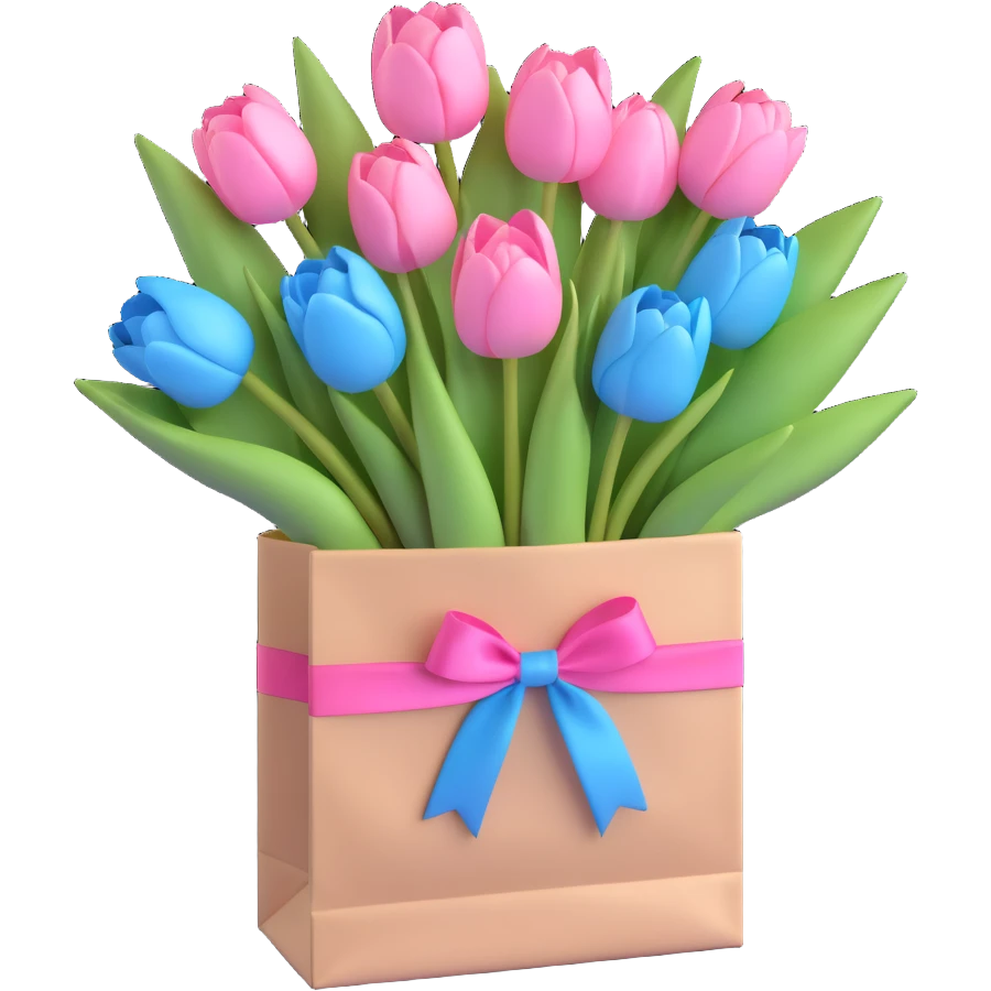 a white paper bag filled with pastel blue tulips, tied with a pink ribbon, soft blue pastel colors, smooth shadows, simple and minimalistic, 3D iOS emoji style emoji