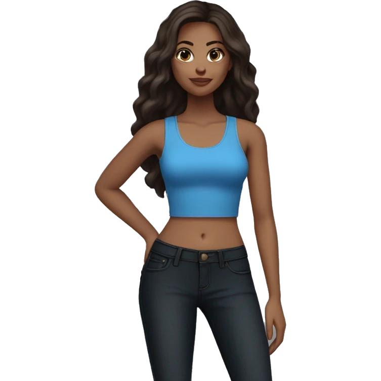 Medium size girl skin tone fair long dark brown hair in blue tank top and black high waist skinny jeans emoji