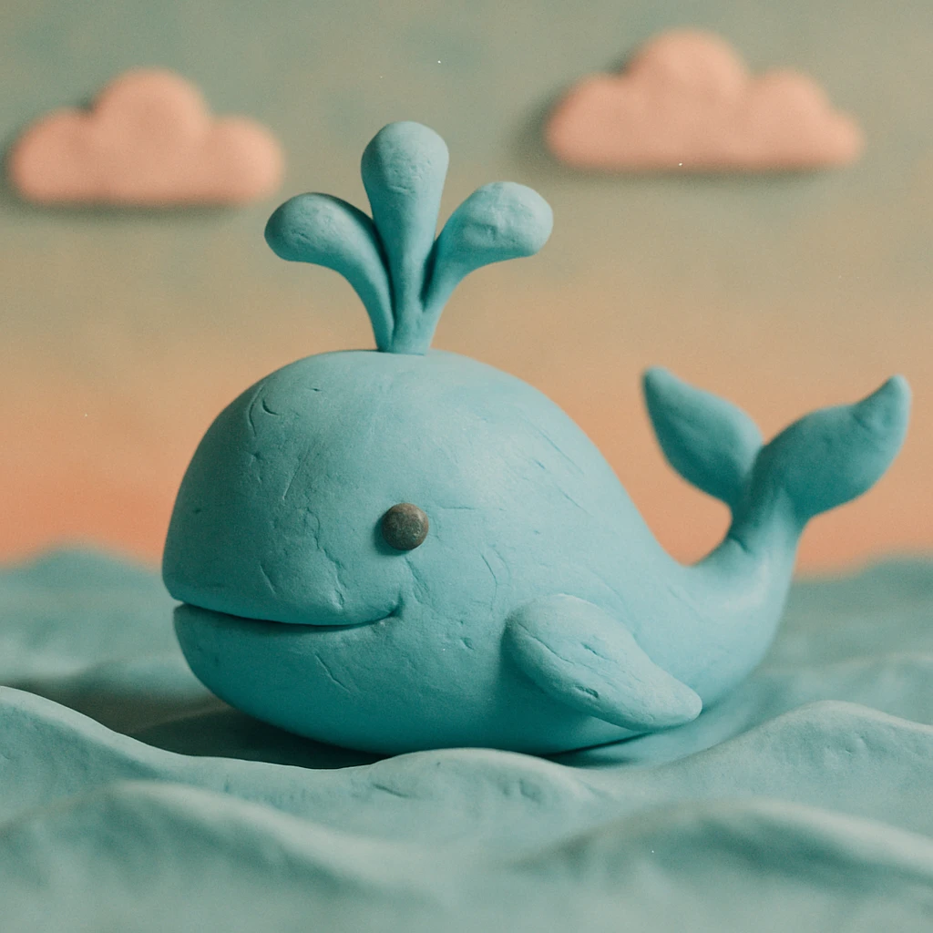 a blue whale with a water spout, claymation style emoji