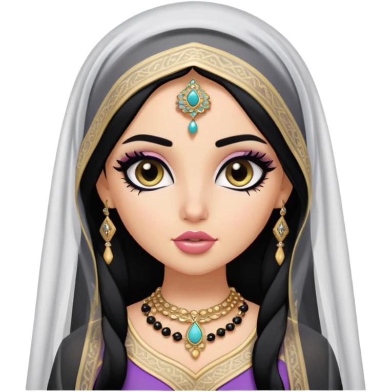 Arab nose, pretty lips, tatreez clothes, fair skin,  long black hair, veil, pretty bratz baddie, black eyeliner emoji