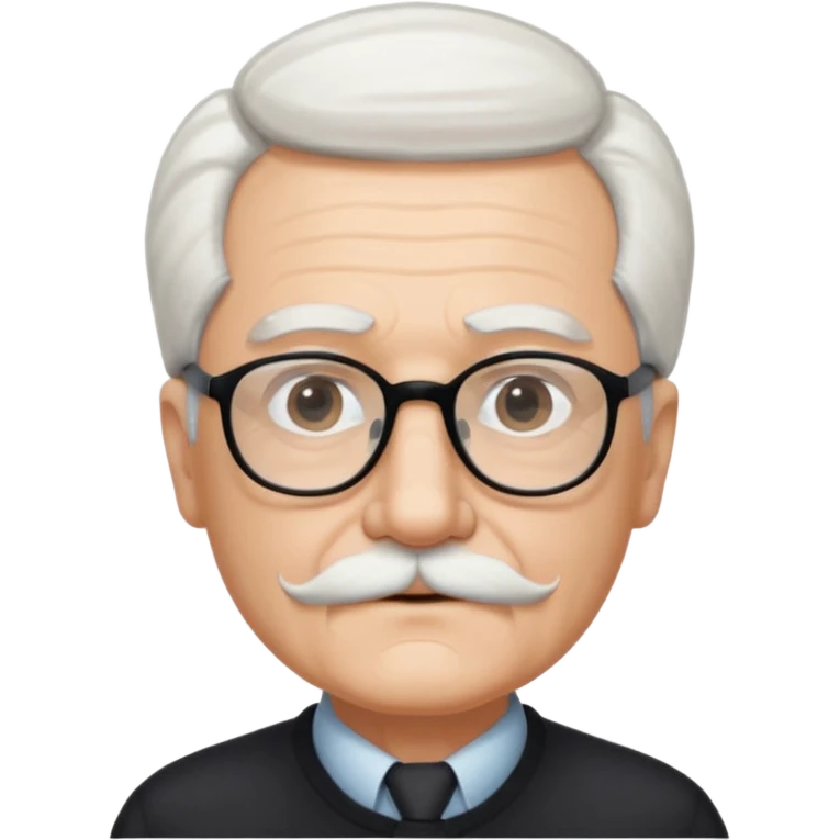 An elderly man with neatly combed white hair swept back, giving a tidy and classic look, and wears black rectangular glasses. His face is oval-shaped with  a small white mustache above his lips.d. emoji