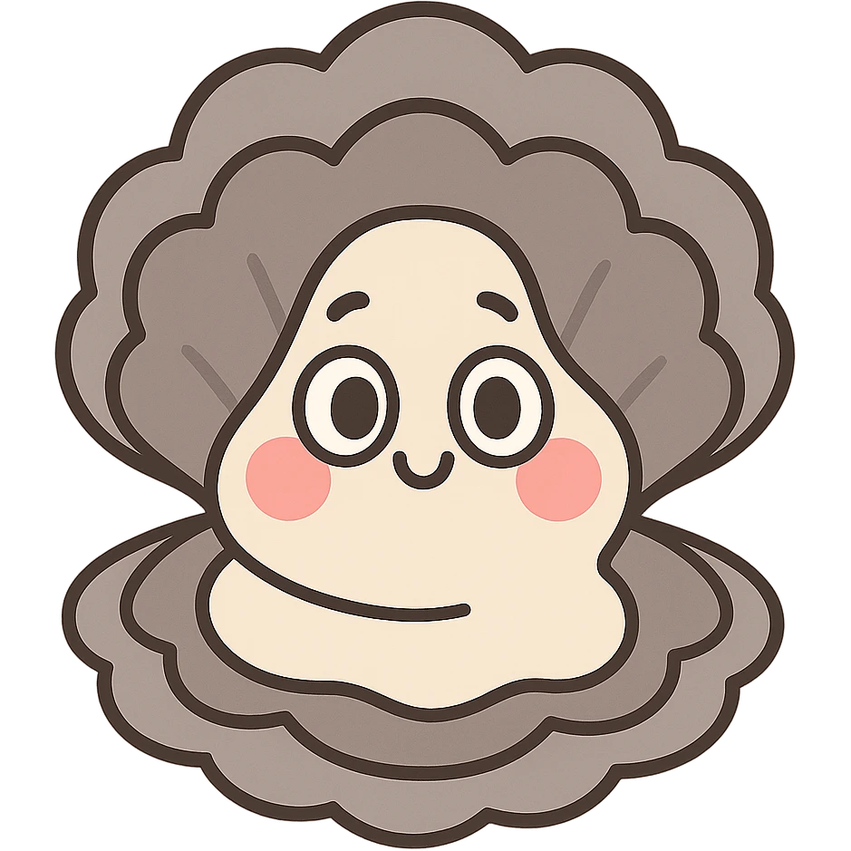 cute oyster, cream color, pink cheeks, doe eyes, greige shell, pastel toon style emoji