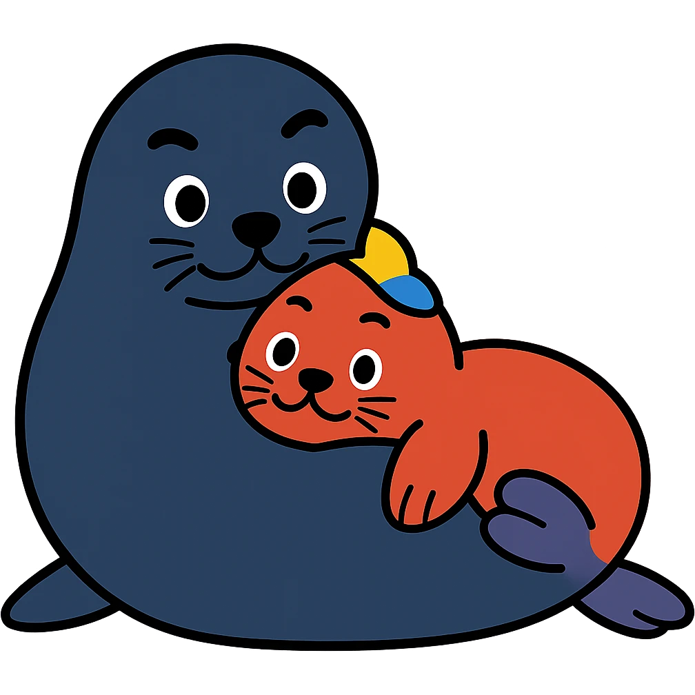 Transform the seal pup and mother in the image to resemble Yo-chan and Tusk-chan from Tokkari Centre, maintaining the affectionate pose and preserving the transparent background. emoji